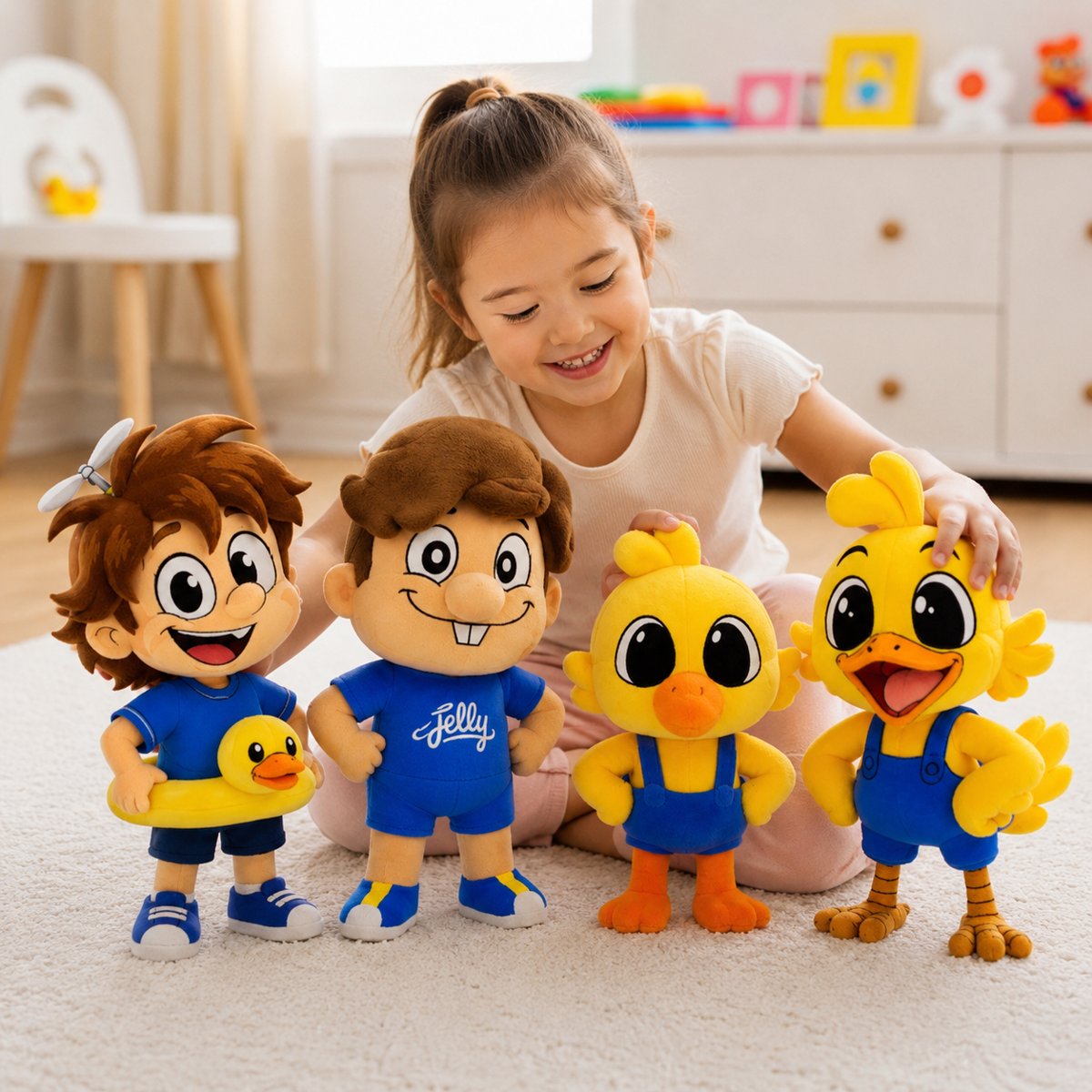 A child playing with the Jelly And Ducky plushie squad